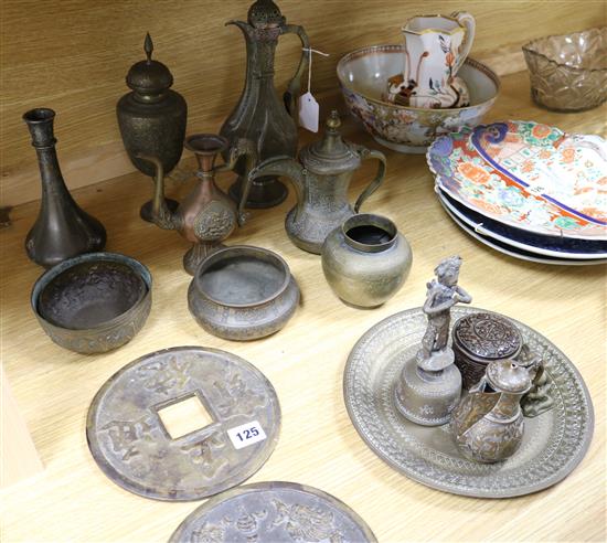 A box of Islamic and Chinese metalware and a composition box and cover,